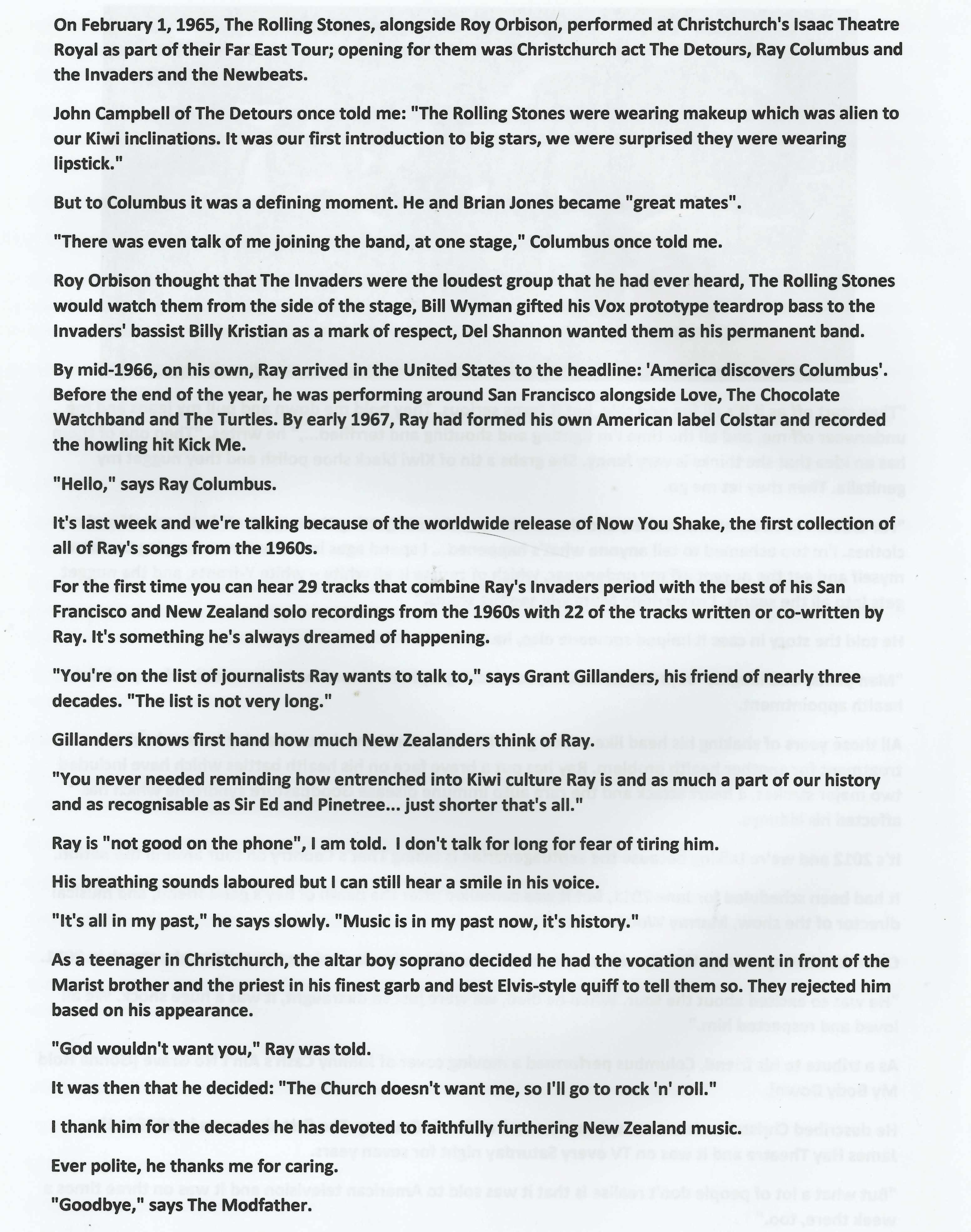 Vicki Anderson interview with Ray Columbus April 02nd, 2016