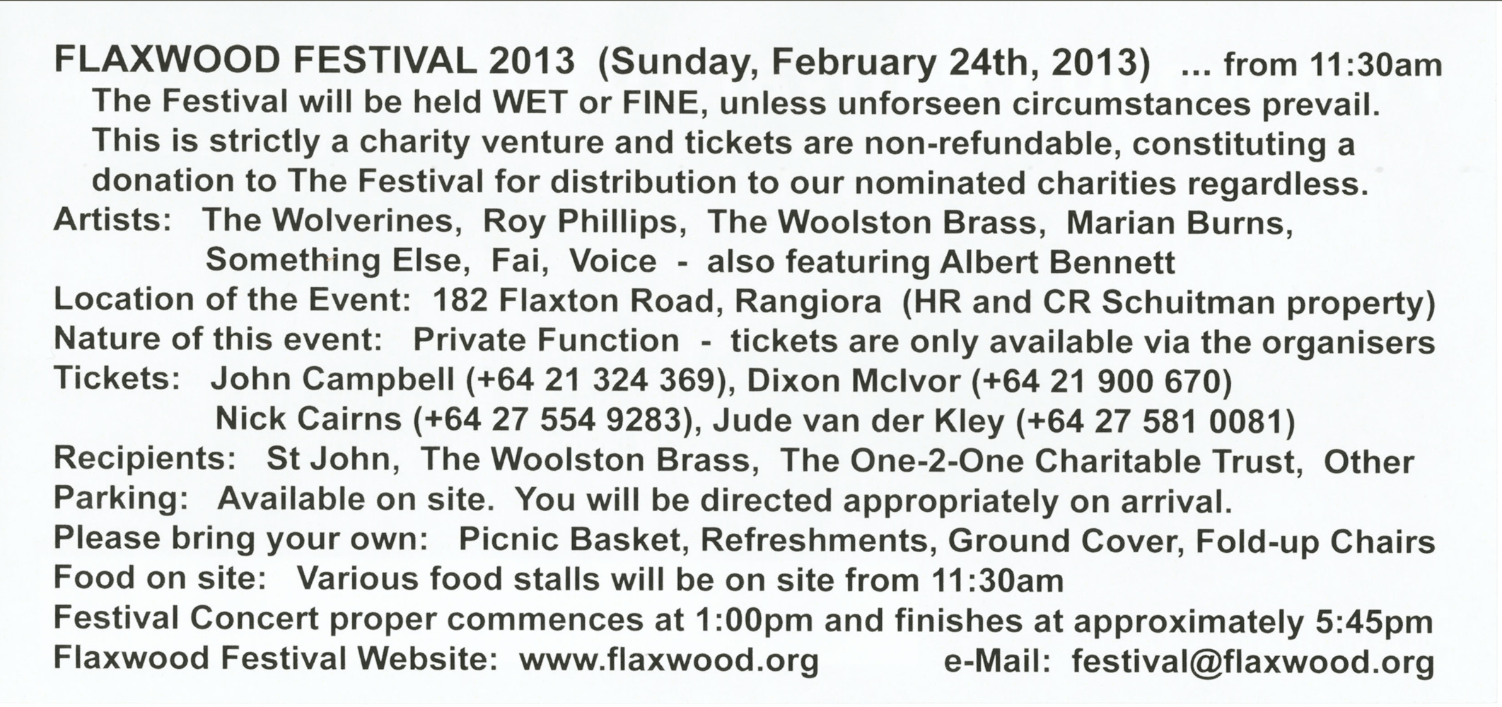 Flaxwood Ticket 2013